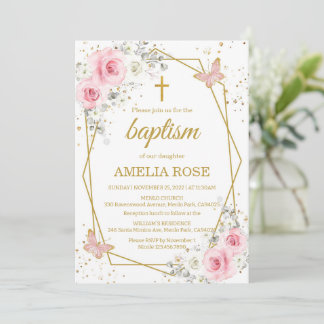 Baptism blush pink florals butterfly girl invitation