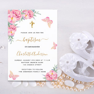 Baptism blush pink florals butterfly girl invitation postcard