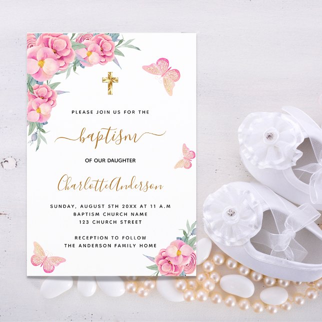 Baptism blush pink florals butterfly girl invitation postcard (Creator Uploaded)