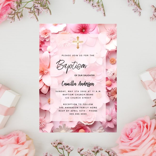 Baptism blush pink flowers baby girl luxury invitation (Creator Uploaded)