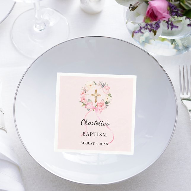 Baptism blush pink girl florals wreath cross napkin (Creator Uploaded)