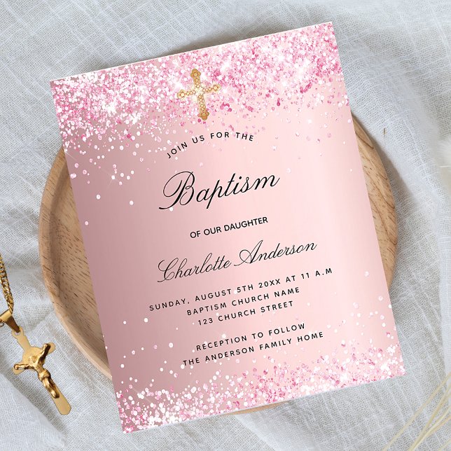 Baptism blush pink glitter girl budget invitation flyer (Creator Uploaded)