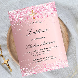 Baptism blush pink glitter girl cross luxury invitation