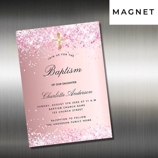 Baptism blush pink glitter girl luxury magnetic invitation (Creator Uploaded)