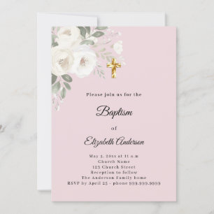 Baptism blush pink white florals girl invitation