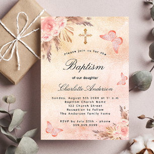 Baptism blush rose gold butterfly pampas grass invitation