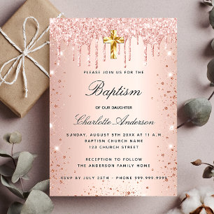 Baptism blush rose gold glitter drips girl invitation
