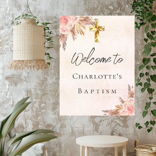 Baptism blush rose gold pampas grass cross welcome poster