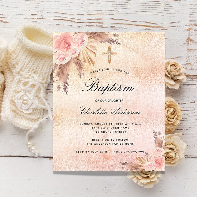 Baptism blush rose pampas grass budget invitation flyer (Creator Uploaded)