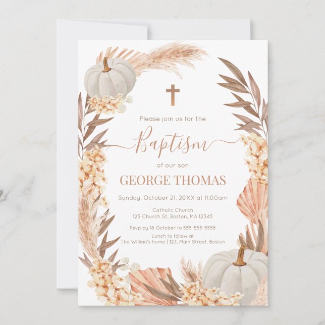 Baptism Boho Pampas arrangement white Pumpkin Invitation (Front)