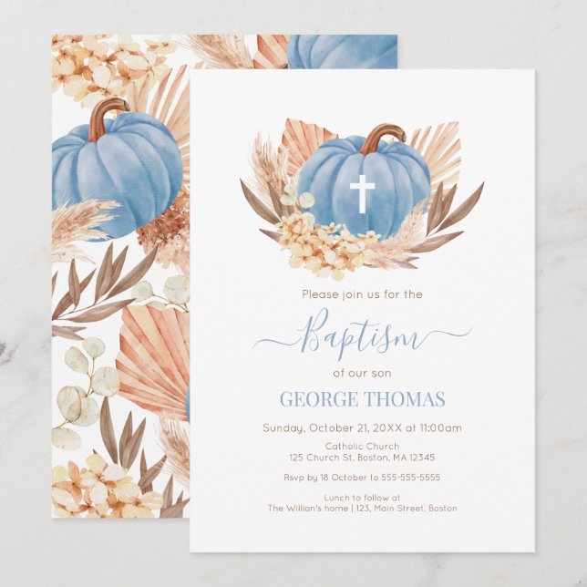 Baptism Boho Pampas Pumpkin blue Invitation (Front/Back)