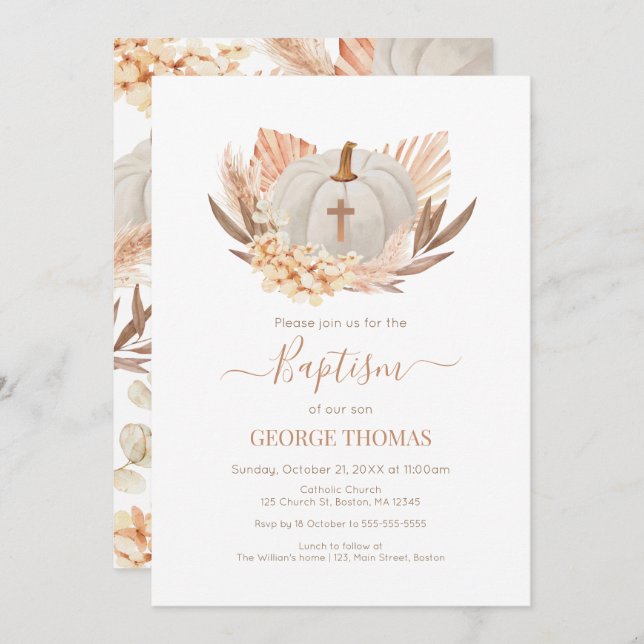 Baptism Boho Pampas white Pumpkin Invitation  (Front/Back)