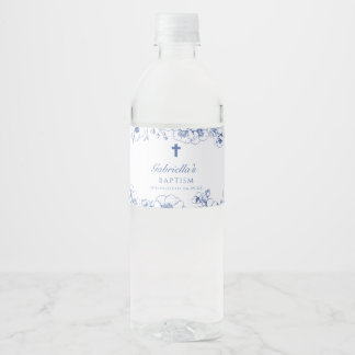 Baptism Botanical Blue Floral Water Bottle Label