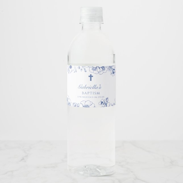 Baptism Botanical Blue  Floral Water Bottle Label (Front)