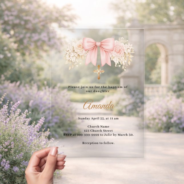 Baptism Bow Blush Pink Florals Neutrals Cross Acrylic Invitations (Creator Uploaded)