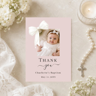 Baptism bow photo blush muted rose pink thank you card