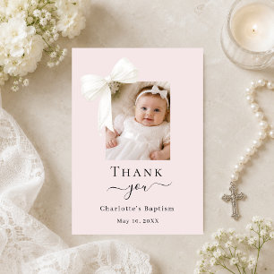 Baptism bow photo blush pink girl thank you card