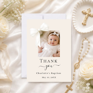 Baptism bow photo cream neutral thank you card