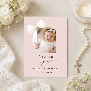 Baptism bow photo dusty rose pink girl thank you card