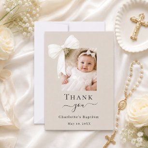 Baptism bow photo white neutral thank you card