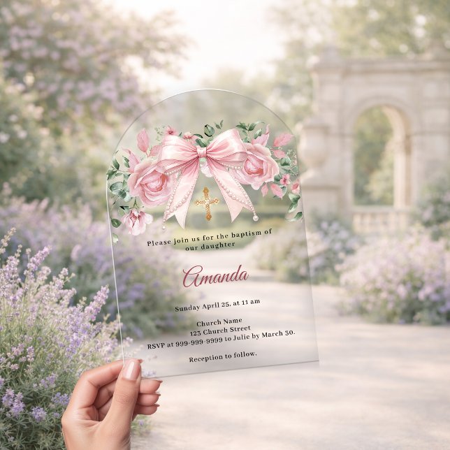 Baptism Bow Pink Florals Girl Cross Premium Acrylic Invitations (Creator Uploaded)