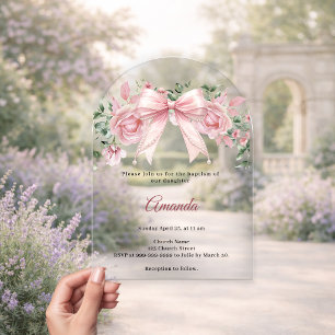 Baptism Bow Pink Florals Girl Elegant Arch Acrylic Invitations