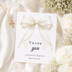 Baptism bow white ivory pearls thank you card