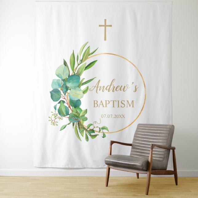 Baptism Boy Backdrop - Eucalyptus Greenery Tapestry (In Situ)