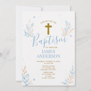 Baptism Boy Blue Gold Cross Floral Christening Invitation