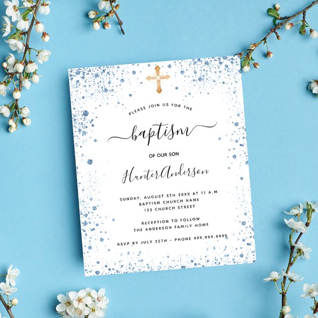 Baptism boy blue white budget invitation flyer (Creator Uploaded)