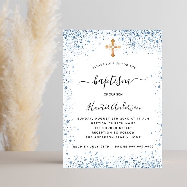 Baptism boy blue white sparkles gold cross invitation (Creator Uploaded)