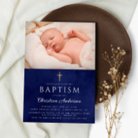 Baptism Boy Elegant Royal Blue Watercolor