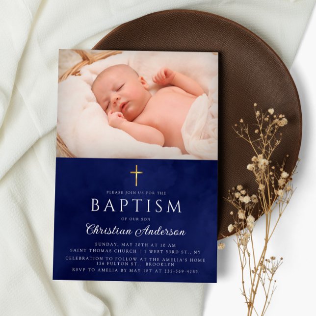 Baptism Boy Elegant Royal Blue Watercolor Invitation (Creator Uploaded)