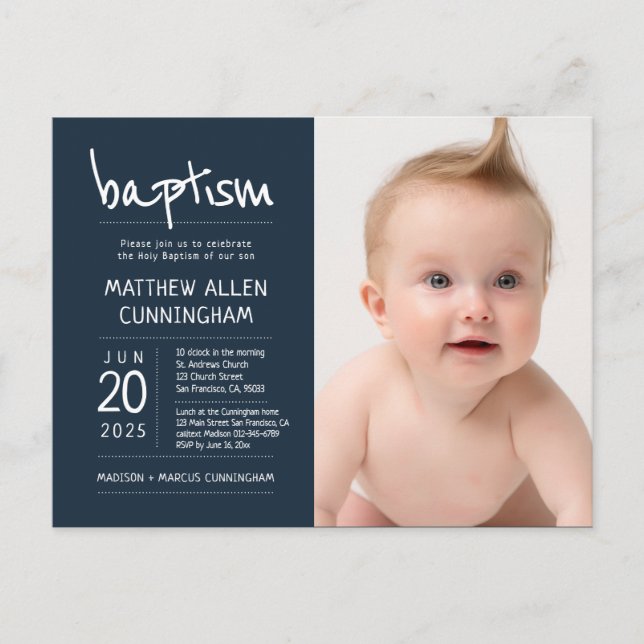 Baptism Boy | Modern + Simple Photo Invitation Postcard (Front)