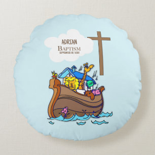 Baptism Boy Noah's Ark, Cute Animals Personalised Round Cushion