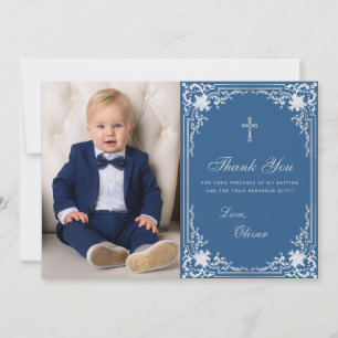 Baptism Boy Photo Classic Blue Vintage Elegant Thank You Card