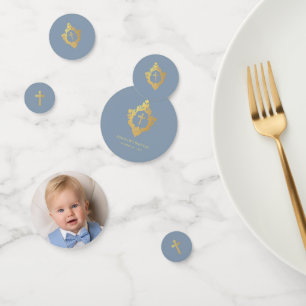 Baptism Boy Photo Dusty Blue Faux Gold Cross Crest Confetti