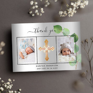 Baptism boy photo silver eucalyptus thank you card