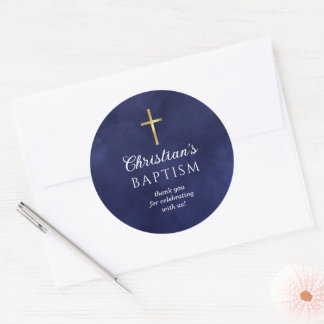 Baptism Boy Royal Blue Thank You Classic Round Sticker