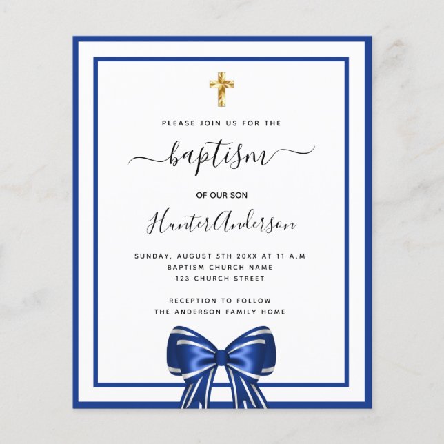 Baptism boy royal blue white bow invitation (Front)