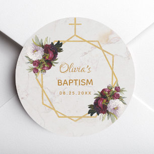 Baptism Burgundy Peonies Marble Gold Geometric Classic Round Sticker