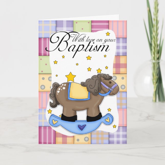Baptism Card With Rocking Horse Blue (Front)