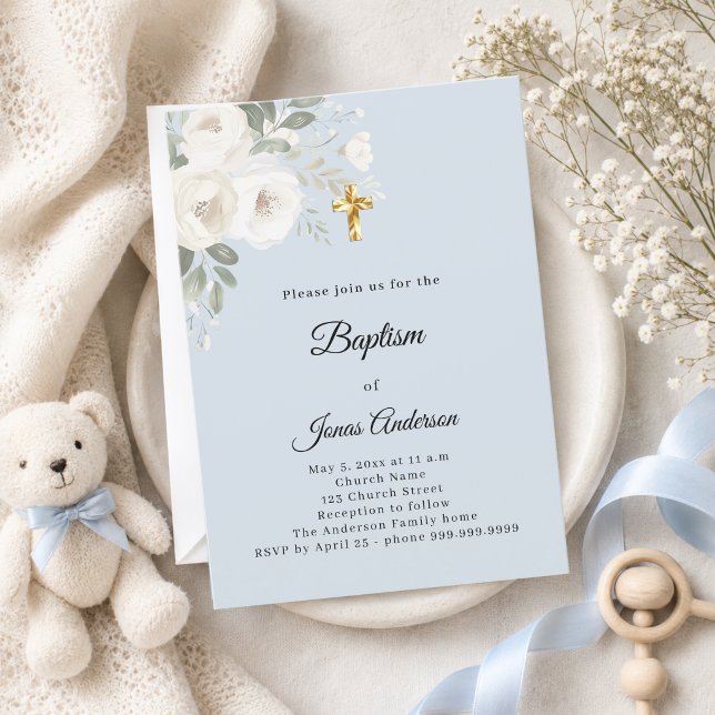 Baptism Celebration blue white florals boy Invitation (Creator Uploaded)