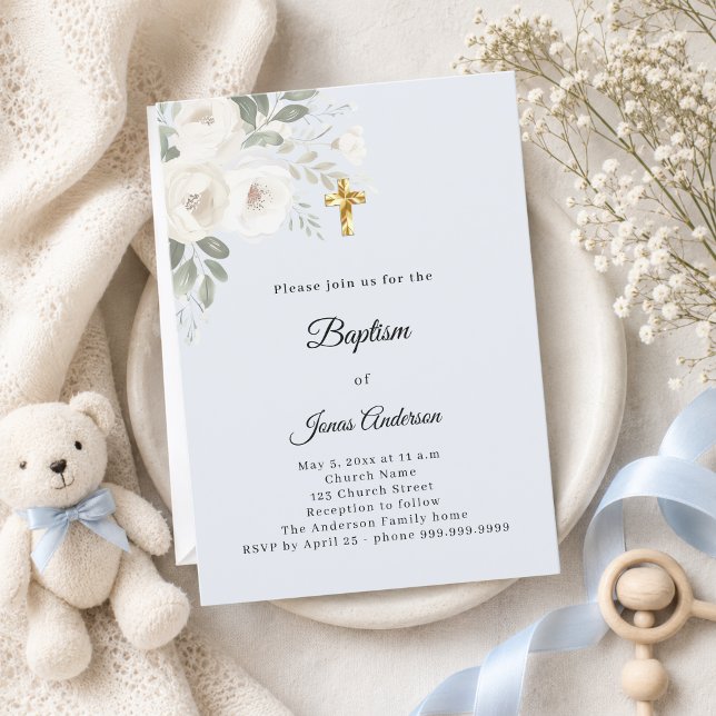 Baptism Celebration light blue white florals boy Invitation (Creator Uploaded)