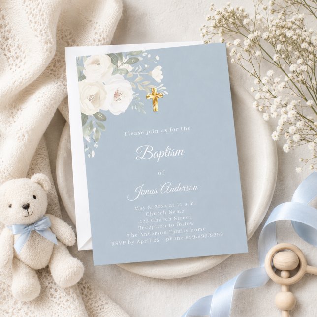 Baptism Celebration white florals dusty blue Invitation (Creator Uploaded)