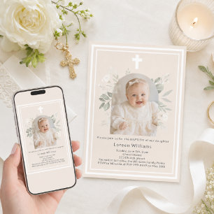 Baptism Champagne Photo white florals arch girl Invitation