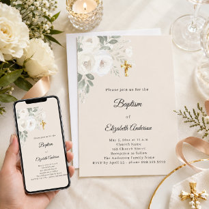 Baptism champagne white florals girl invitation