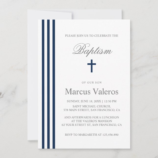 BAPTISM Chic Vertical Striped Navy Blue Cross  Invitation (Front)