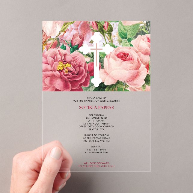 Baptism Christening Baptism Girl Pink Roses Acrylic Invitations (Insitu (Handheld))