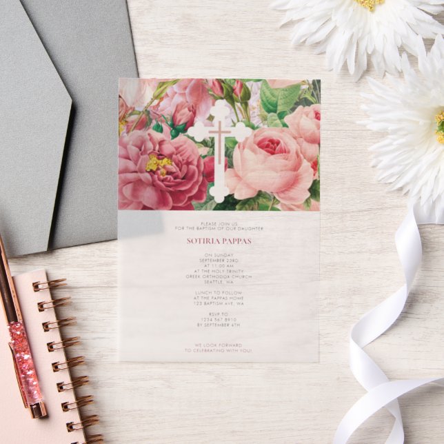 Baptism Christening Baptism Girl Pink Roses Vellum Invitations (Wedding)
